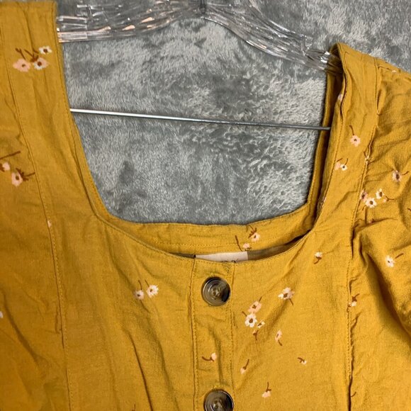 ana Women Floral Linen Blend Mustard Yellow Flutter Sleeve Mini Sheath Dress M - Picture 5 of 9